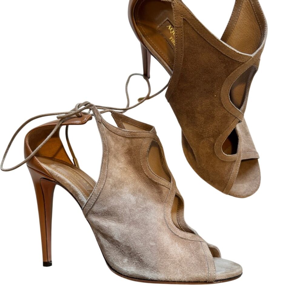 Aquazurra Sexy Thing Tan Leather Stiletto Heels Womens 8.5 Lace Up Luxury Shoes